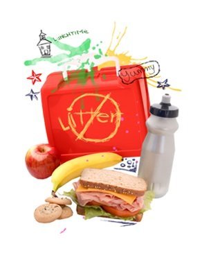 litterless lunch, lunch pail, water bottel, banana, apple