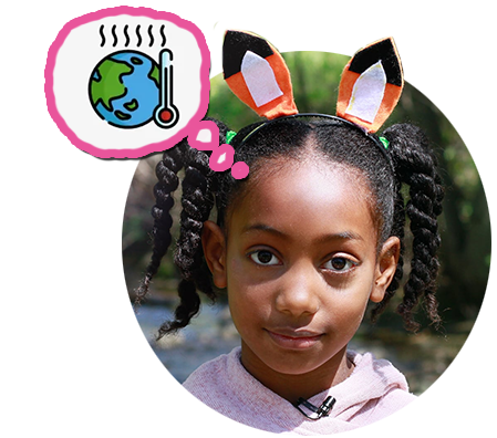 Kid wearing animal ears thinking about climate change and habitat loss Kid wearing animal ears thinking about climate change and habitat loss